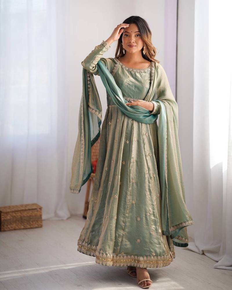 Green Fandy Silk Embroidered Kurti Pant Dupatta