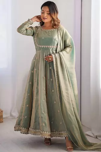 Green Fandy Silk Embroidered Kurti Pant Dupatta