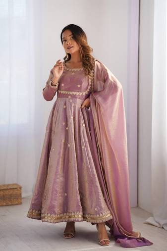 Pink Fandy Silk Embroidered Kurti Pant Dupatta