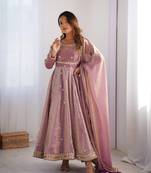 Pink Fandy Silk Embroidered Kurti Pant Dupatta