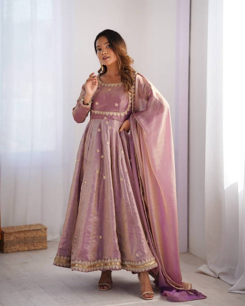 Pink Fandy Silk Embroidered Kurti Pant Dupatta