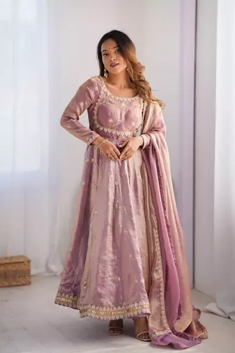 Pink Fandy Silk Embroidered Kurti Pant Dupatta