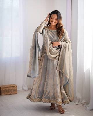Grey Fandy Silk Embroidered Kurti Pant Dupatta 1