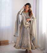 Grey Fandy Silk Embroidered Kurti Pant Dupatta