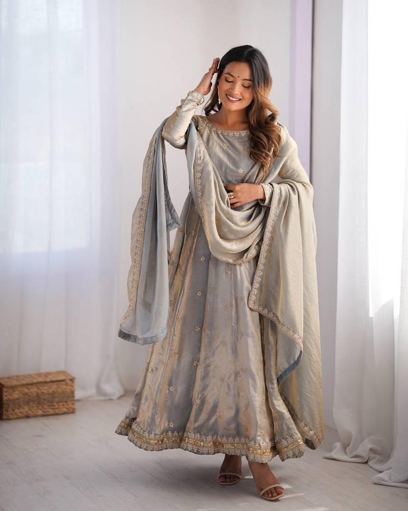 Grey Fandy Silk Embroidered Kurti Pant Dupatta