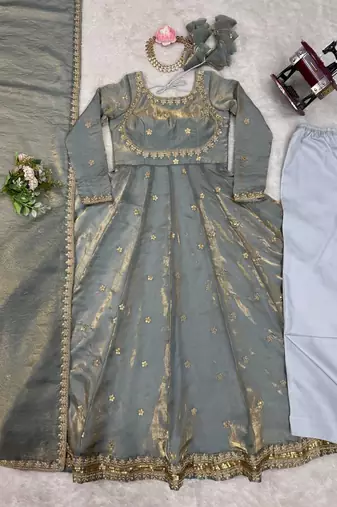 Grey Fandy Silk Embroidered Kurti Pant Dupatta
