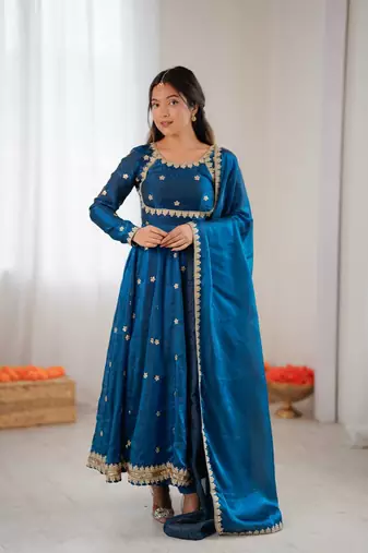 Blue Fandy Silk Embroidered Kurti Pant Dupatta