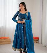 Blue Fandy Silk Embroidered Kurti Pant Dupatta