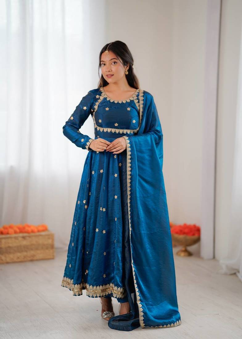 Blue Fandy Silk Embroidered Kurti Pant Dupatta