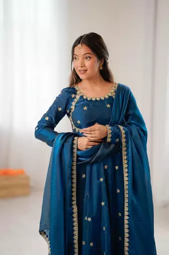 Blue Fandy Silk Embroidered Kurti Pant Dupatta
