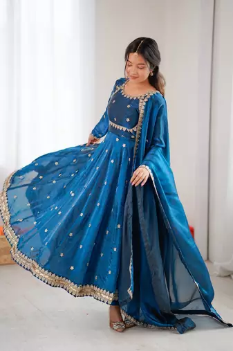 Blue Fandy Silk Embroidered Kurti Pant Dupatta
