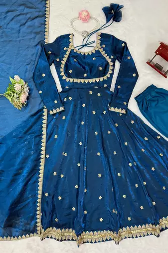 Blue Fandy Silk Embroidered Kurti Pant Dupatta
