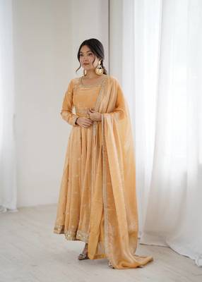 Orange Fandy Silk Embroidered Kurti Pant Dupatta 1