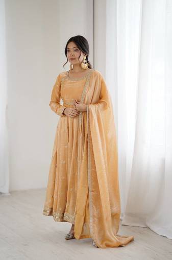 Orange Fandy Silk Embroidered Kurti Pant Dupatta