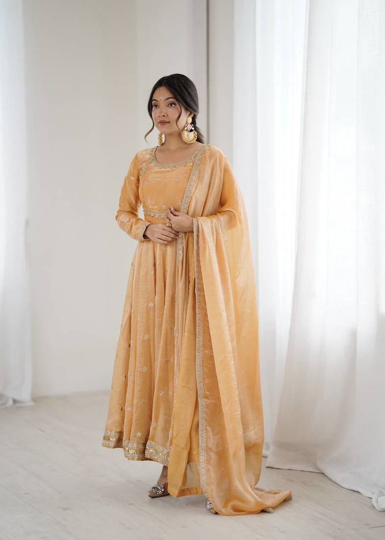 Orange Fandy Silk Embroidered Kurti Pant Dupatta