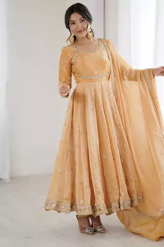 Orange Fandy Silk Embroidered Kurti Pant Dupatta