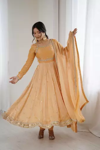 Orange Fandy Silk Embroidered Kurti Pant Dupatta