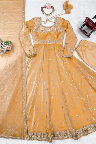 Orange Fandy Silk Embroidered Kurti Pant Dupatta