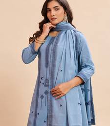 aqua blue cotton silk blend jacquard kurta set with dupatta
