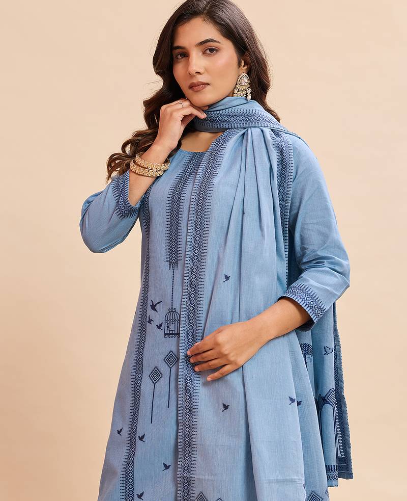 aqua blue cotton silk blend jacquard kurta set with dupatta