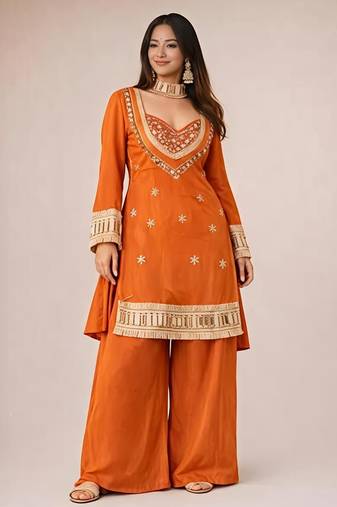 orange chinon silk blend mirror work neck kurta set with dupatta