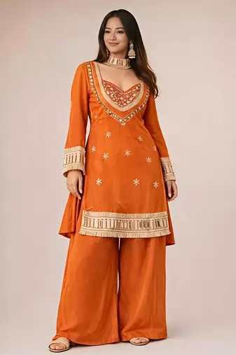 orange chinon silk blend mirror work neck kurta set with dupatta