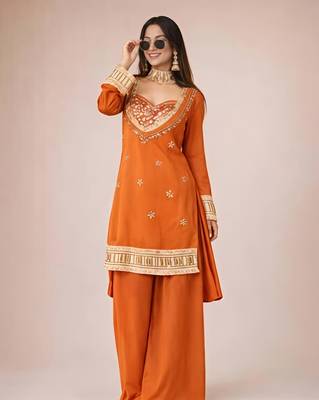 orange chinon silk blend mirror work neck kurta set with dupatta 2