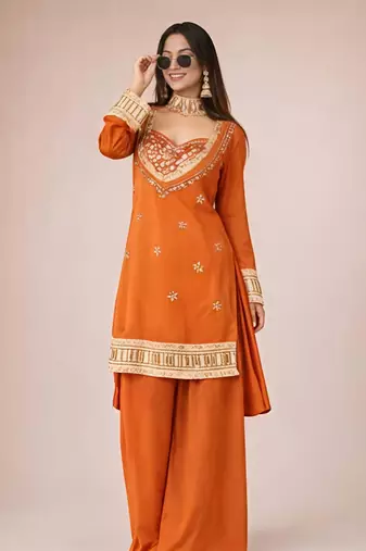 orange chinon silk blend mirror work neck kurta set with dupatta