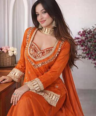 orange chinon silk blend mirror work neck kurta set with dupatta 3