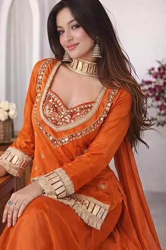 orange chinon silk blend mirror work neck kurta set with dupatta