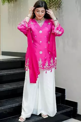 pink silk blend mirror embroidered kurta set with dupatta