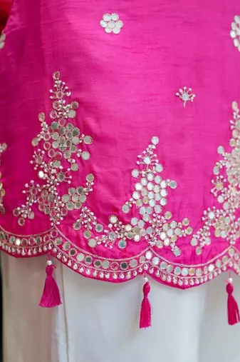 pink silk blend mirror embroidered kurta set with dupatta