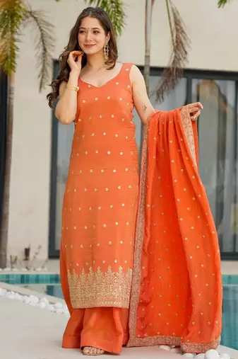 orange chinon silk blend sequins embroidered kurta set with dupatta