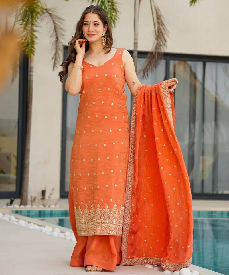 orange chinon silk blend sequins embroidered kurta set with dupatta