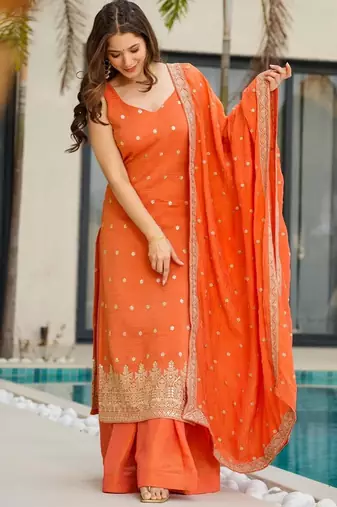 orange chinon silk blend sequins embroidered kurta set with dupatta