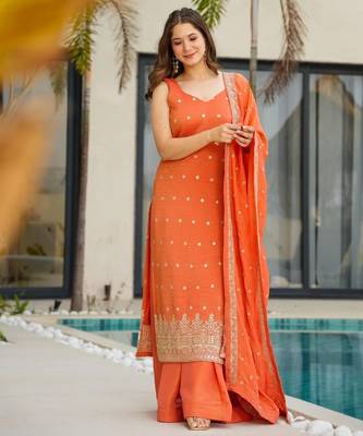 orange chinon silk blend sequins embroidered kurta set with dupatta 3