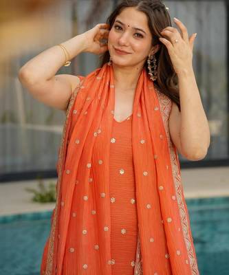 orange chinon silk blend sequins embroidered kurta set with dupatta 4