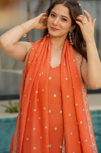 orange chinon silk blend sequins embroidered kurta set with dupatta