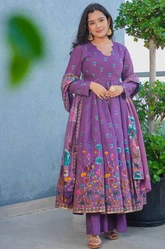 lavender muslin silk blend floral printed kurta set with dupatta