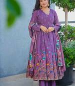 lavender muslin silk blend floral printed kurta set with dupatta