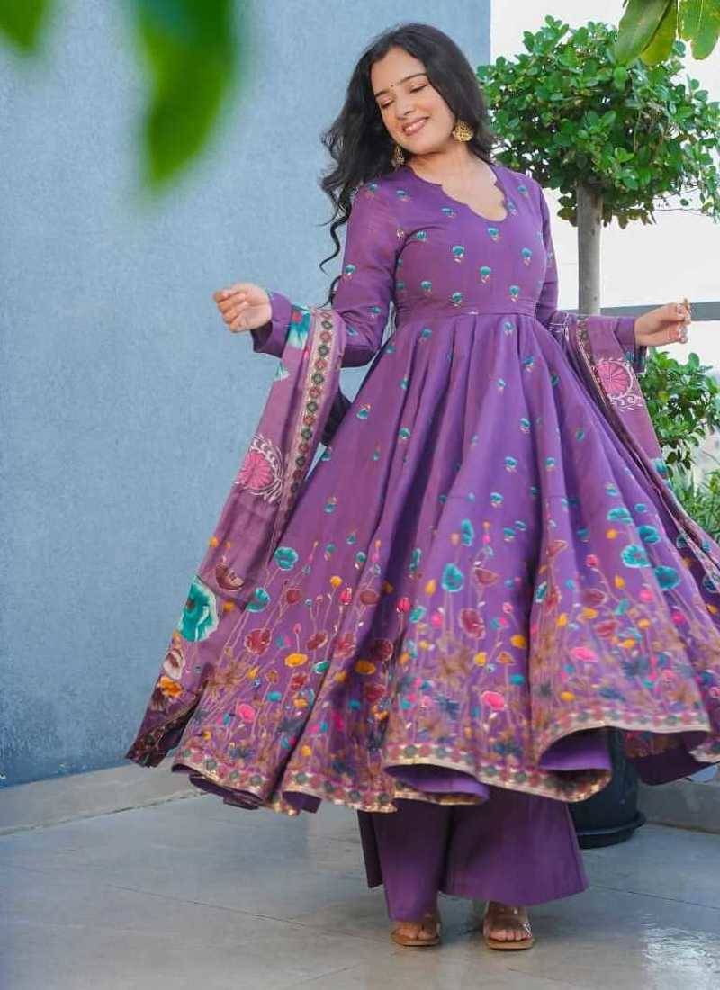 lavender muslin silk blend floral printed kurta set with dupatta