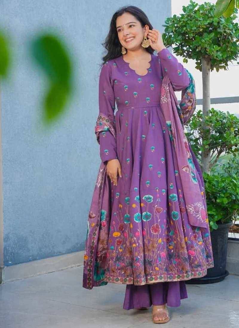 lavender muslin silk blend floral printed kurta set with dupatta
