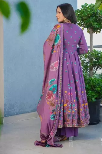 lavender muslin silk blend floral printed kurta set with dupatta