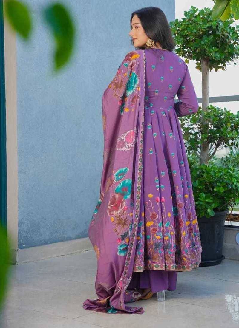 lavender muslin silk blend floral printed kurta set with dupatta