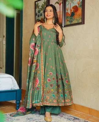 pista green muslin silk blend floral printed kurta set with dupatta 1