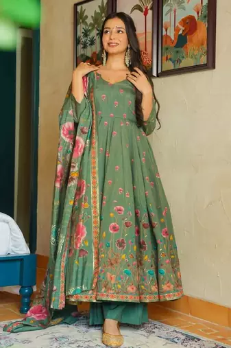 pista green muslin silk blend floral printed kurta set with dupatta