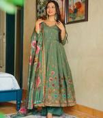 pista green muslin silk blend floral printed kurta set with dupatta