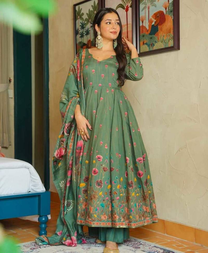 pista green muslin silk blend floral printed kurta set with dupatta