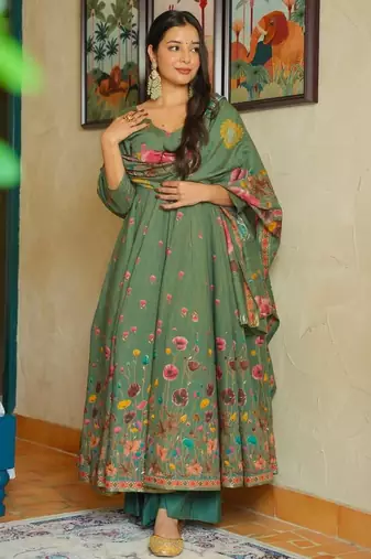 pista green muslin silk blend floral printed kurta set with dupatta