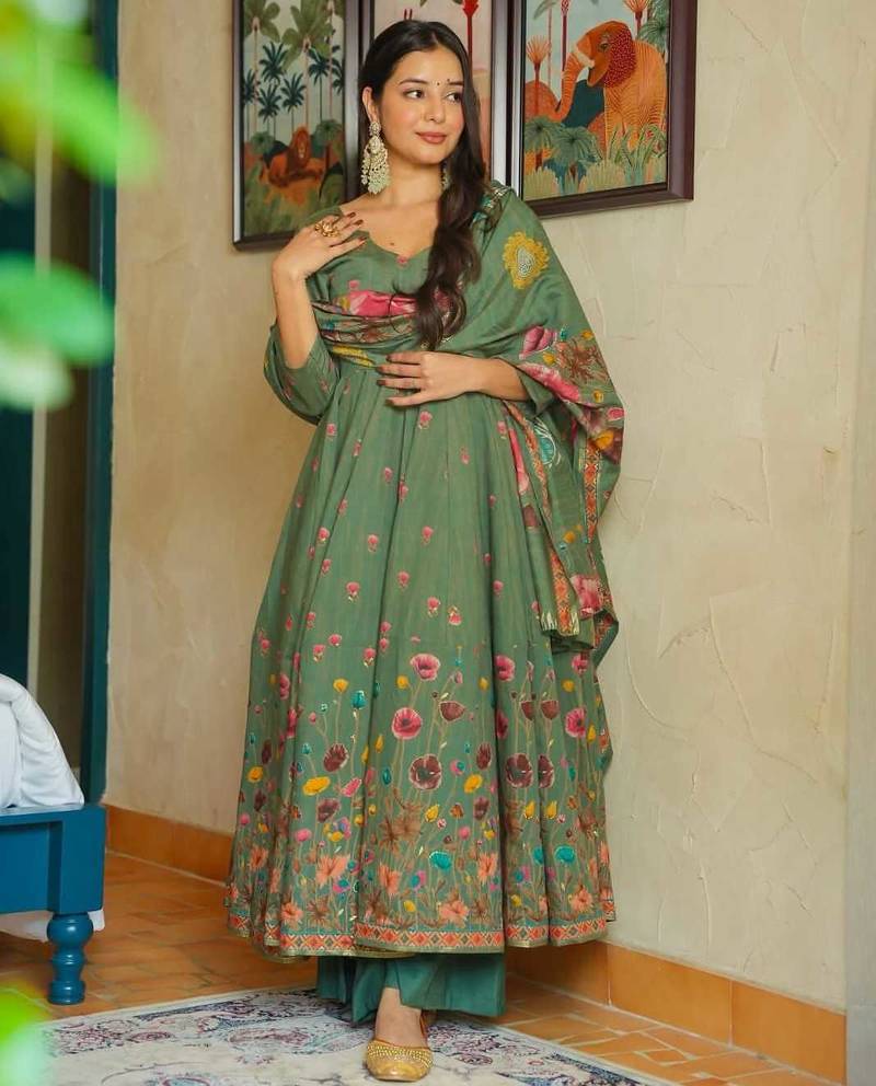pista green muslin silk blend floral printed kurta set with dupatta